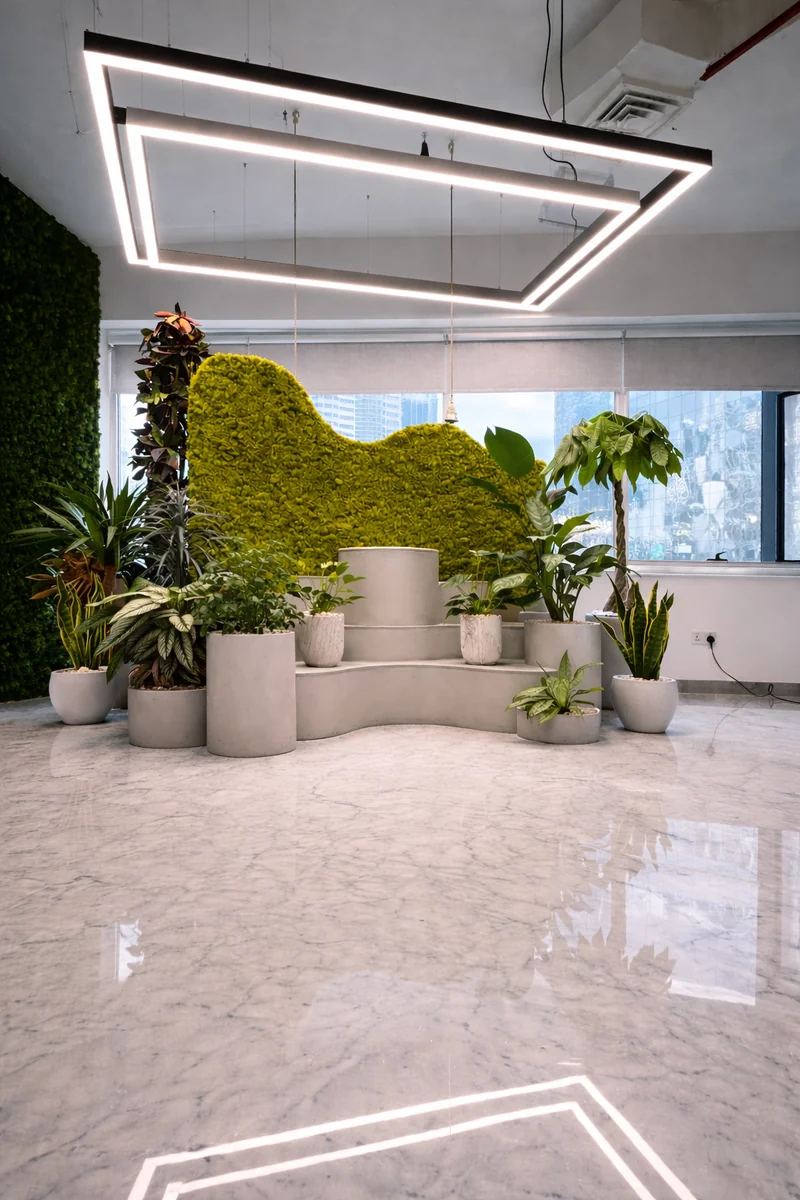 Custom biophilic temple corner with moss wall, curved white platform and indoor plants – Creative Avenue office interior HDS Tower JLT Dubai