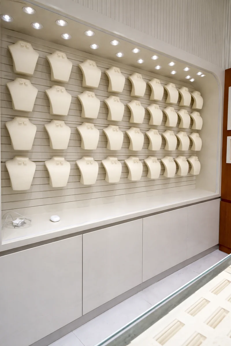 Bespoke wall display system for jewellery store – Mila Jewellery Creative Avenue interior design