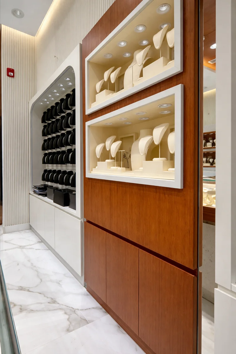 Elegant jewelry store display shelves – Creative Avenue retail fit-out Sharjah UAE