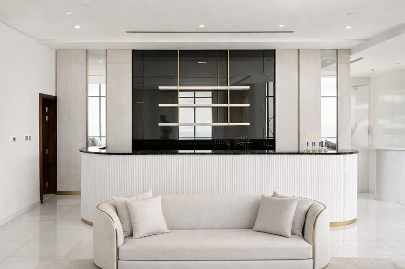 Statement architectural wall panelling with dimensional design – Creative Avenue interior Dubai UAE