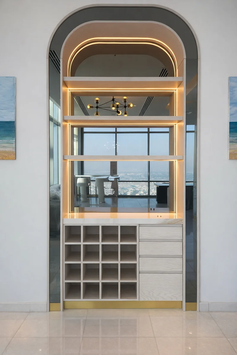 Premium interior material and finish detail – Creative Avenue luxury turnkey fit-out Dubai UAE