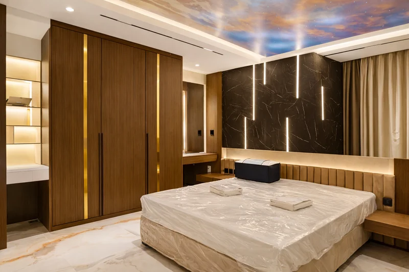 Bespoke bedroom interior with built-in storage – Creative Avenue luxury apartment design Dubai