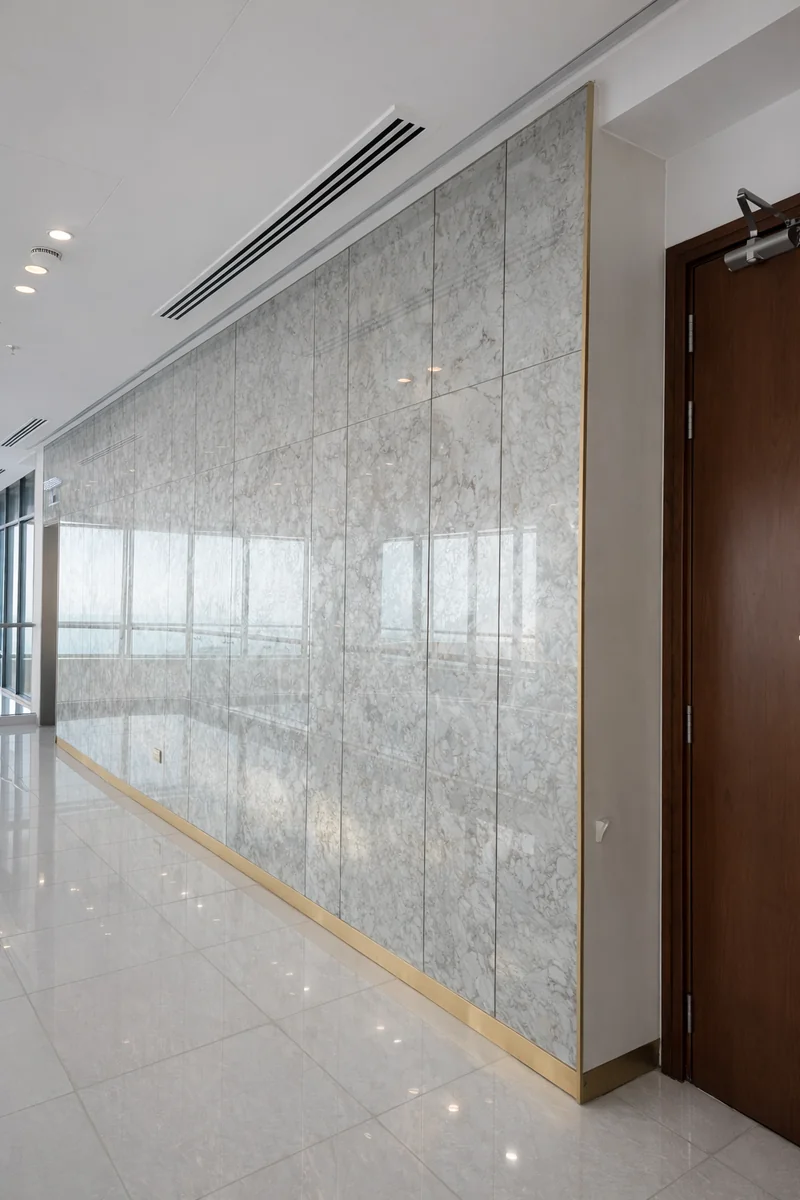 Bespoke built-in wardrobe with ambient lighting – Noora Tower Dubai master suite Creative Avenue