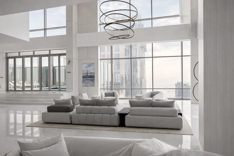 Bespoke lounge furniture and architectural wall panelling – Creative Avenue turnkey interior Dubai