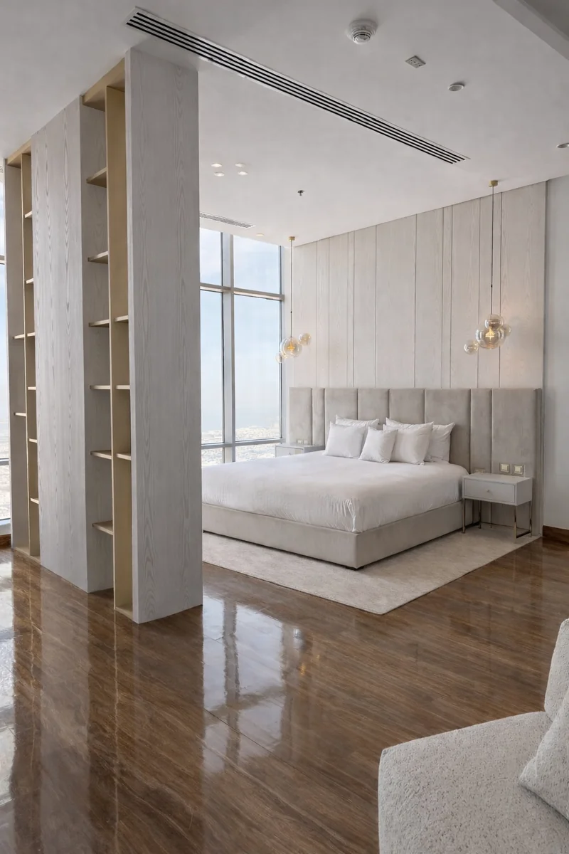 Custom upholstered headboard and feature wall design – Creative Avenue master bedroom Dubai UAE